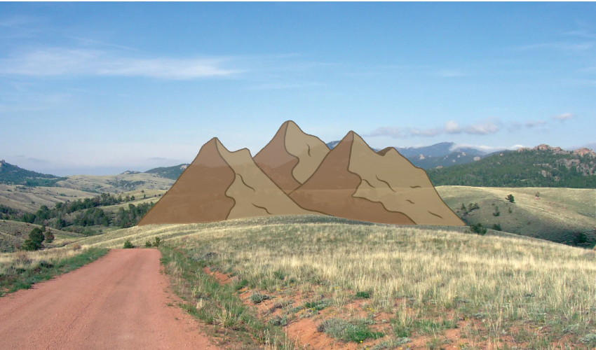 Illusion of a semi-transparent cartoon mountain blended on an open dirt road and field