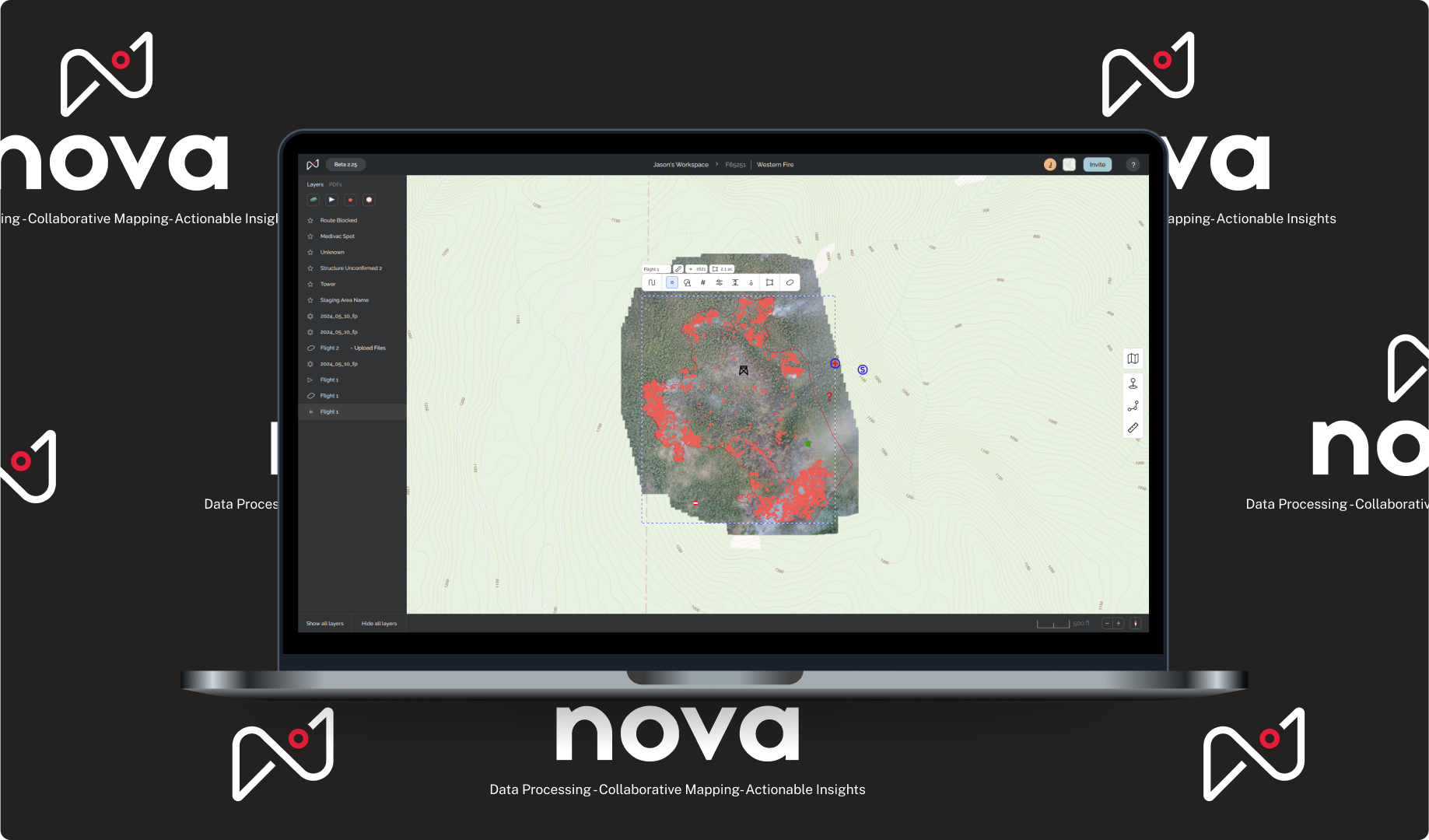Laptop using Nova software in front of a backdrop in Nova branding